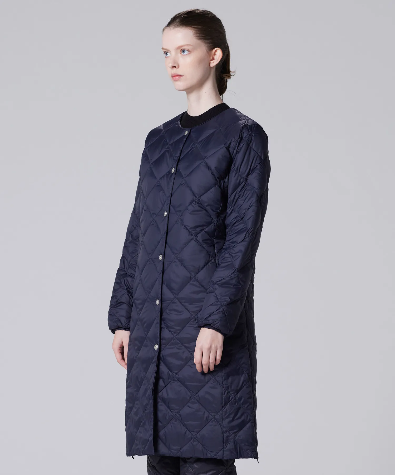 City Single Snap Button Crew Neck Long Down Coat - Image 10