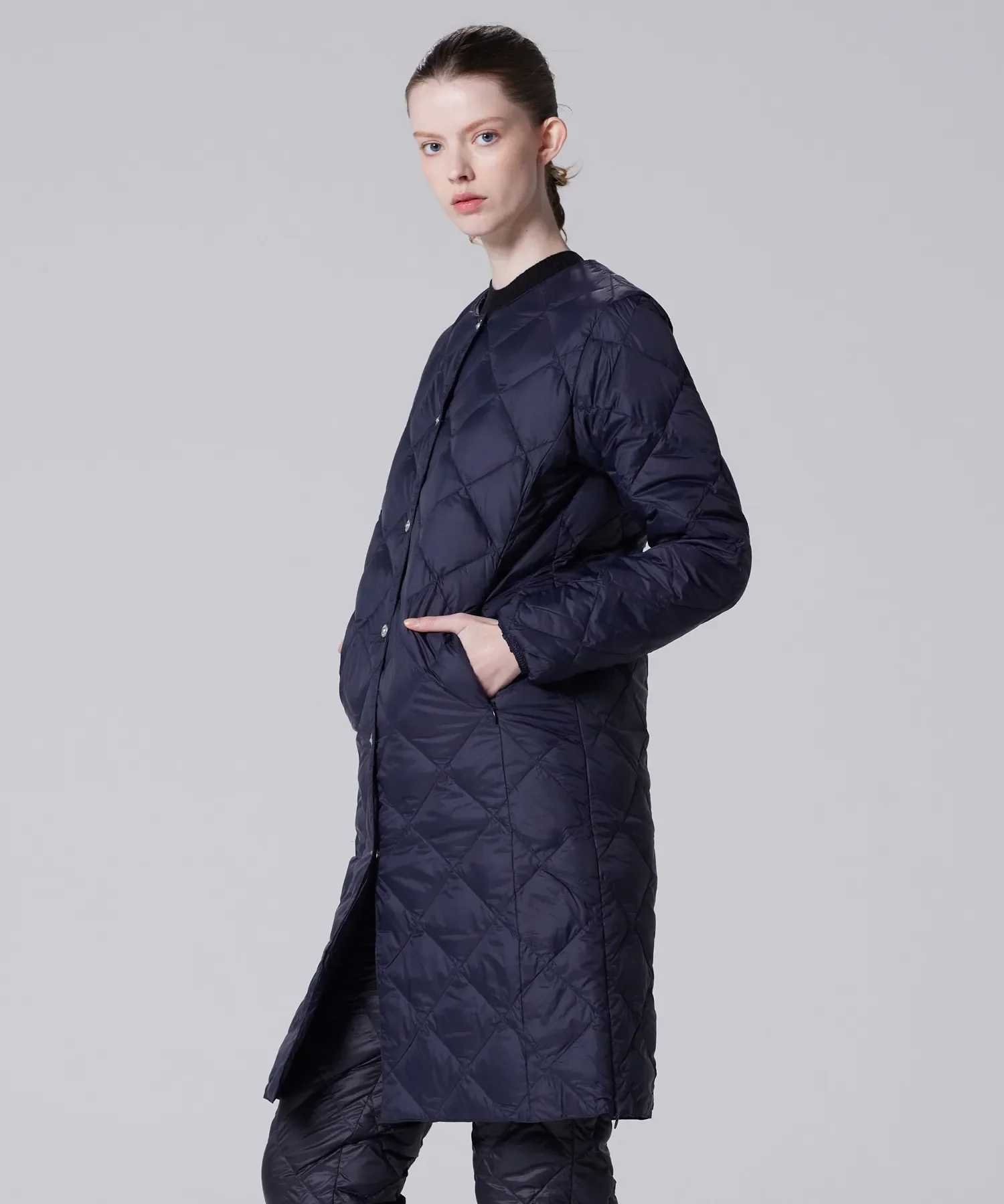 City Single Snap Button Crew Neck Long Down Coat - Image 11