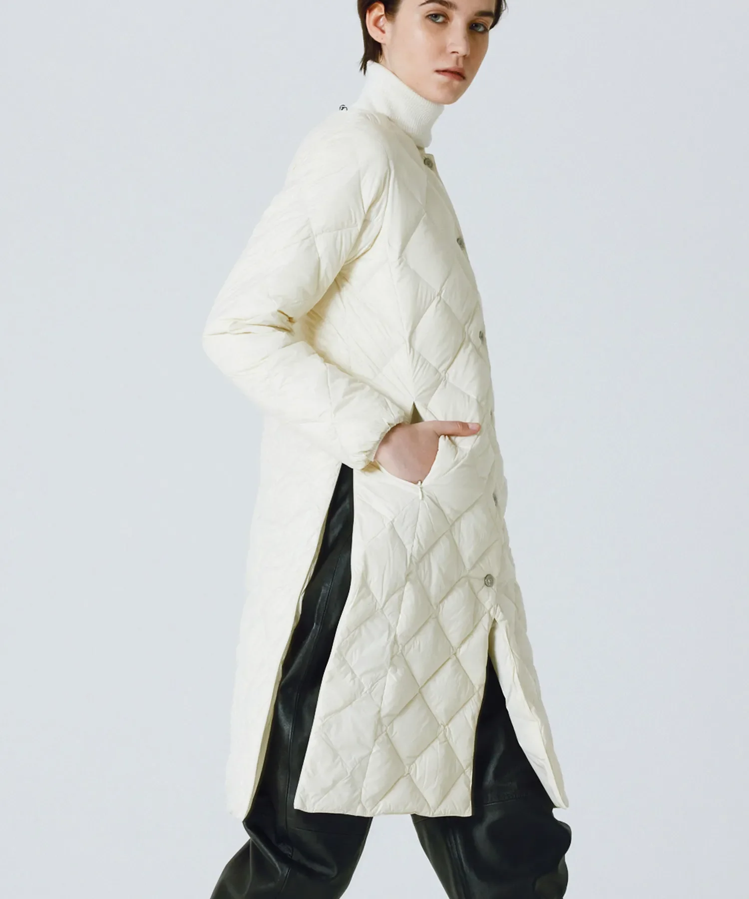 City Single Snap Button Crew Neck Long Down Coat - Image 13